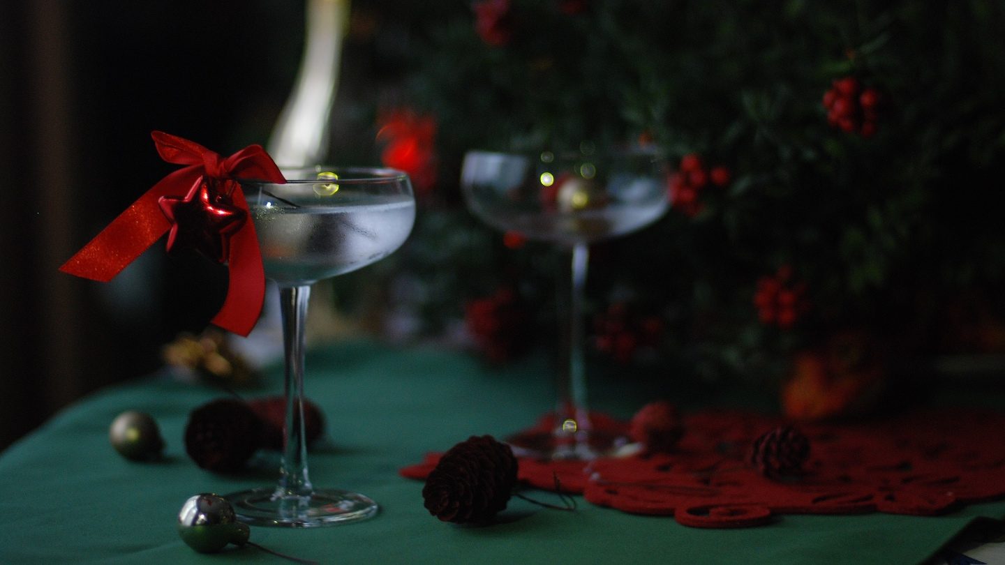 two martinis with christmas decorations made with alcohol bought online