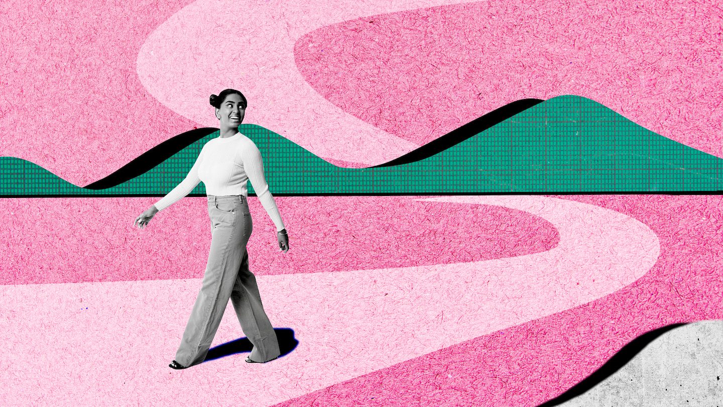 Collage. A woman strolls through the barren wasteland of rising living costs. It's pink, with green hills.
