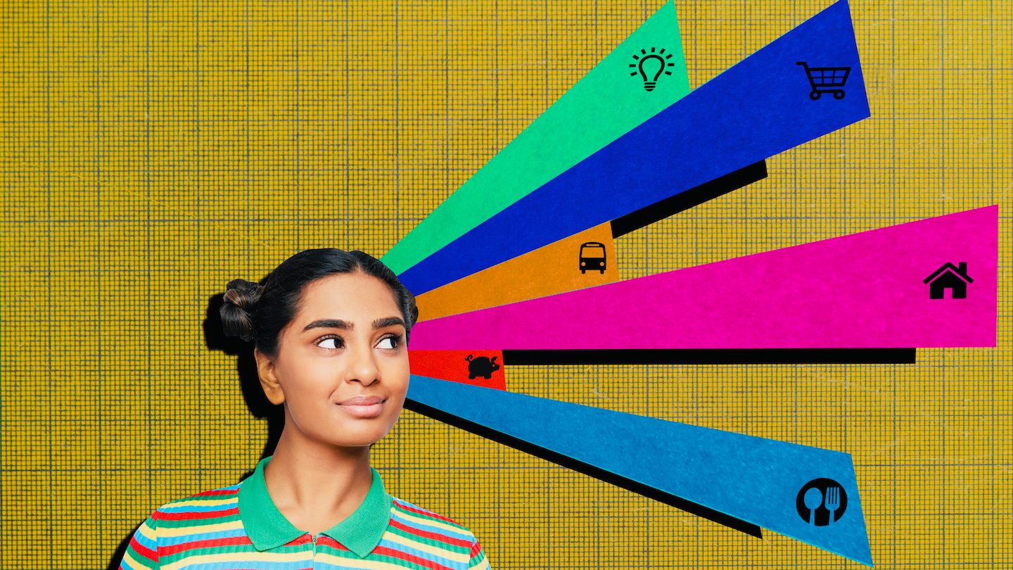 Collage of a woman thinking about different budget expenses.