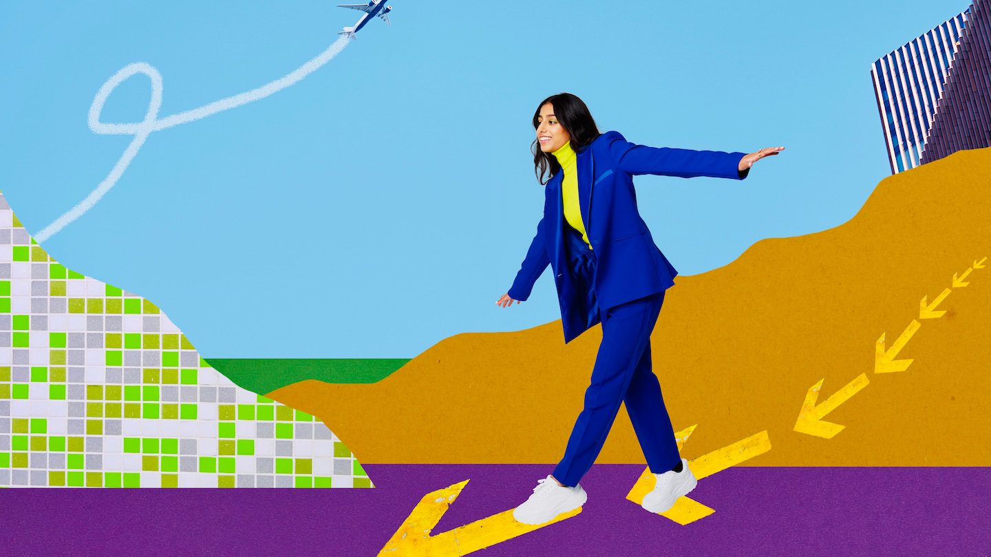Collage of a woman walking to work.