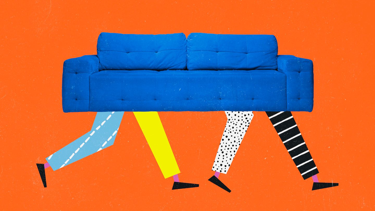Collage of a couch walking away on legs.