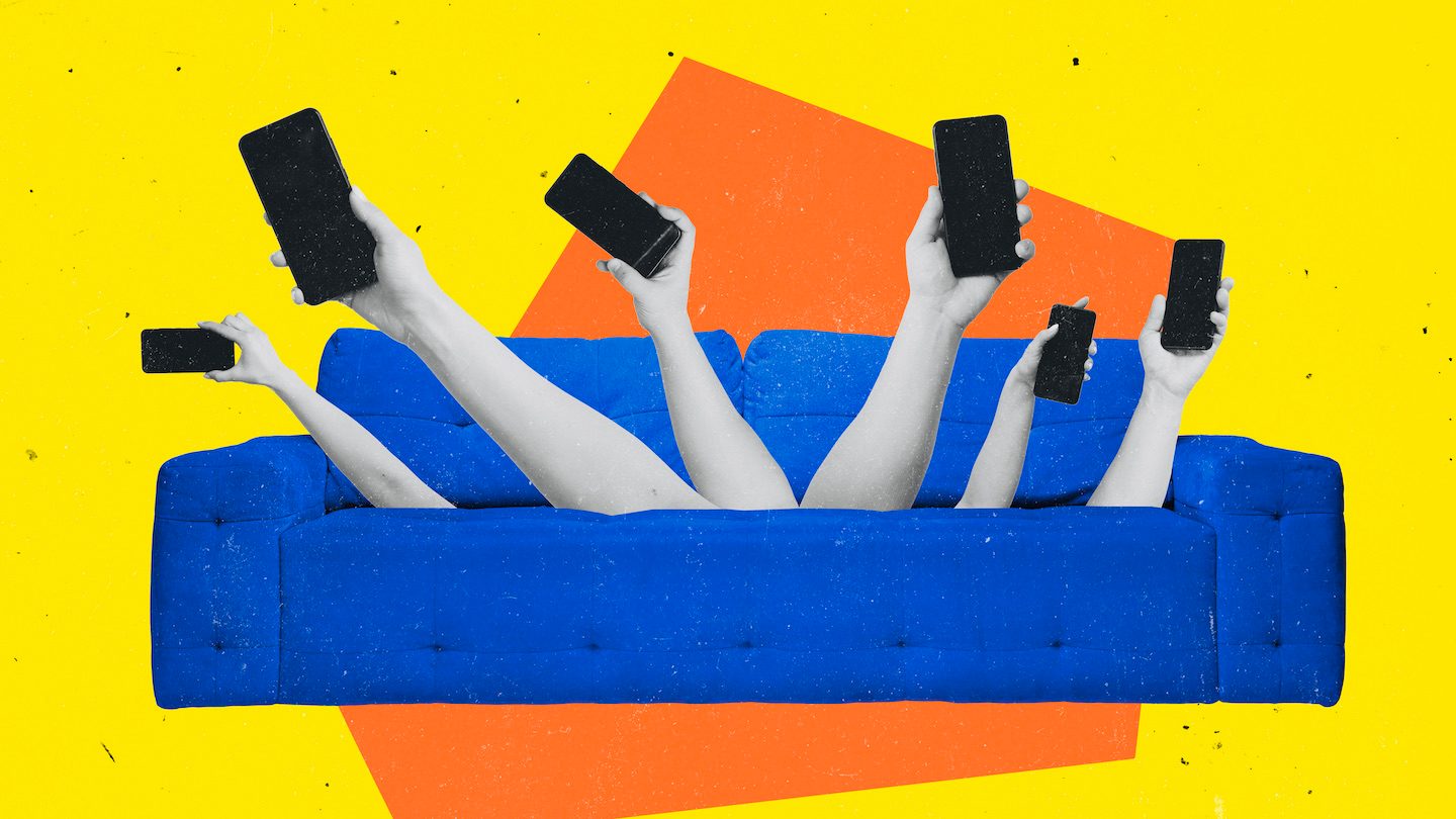 Collage of phones coming out of the couch.