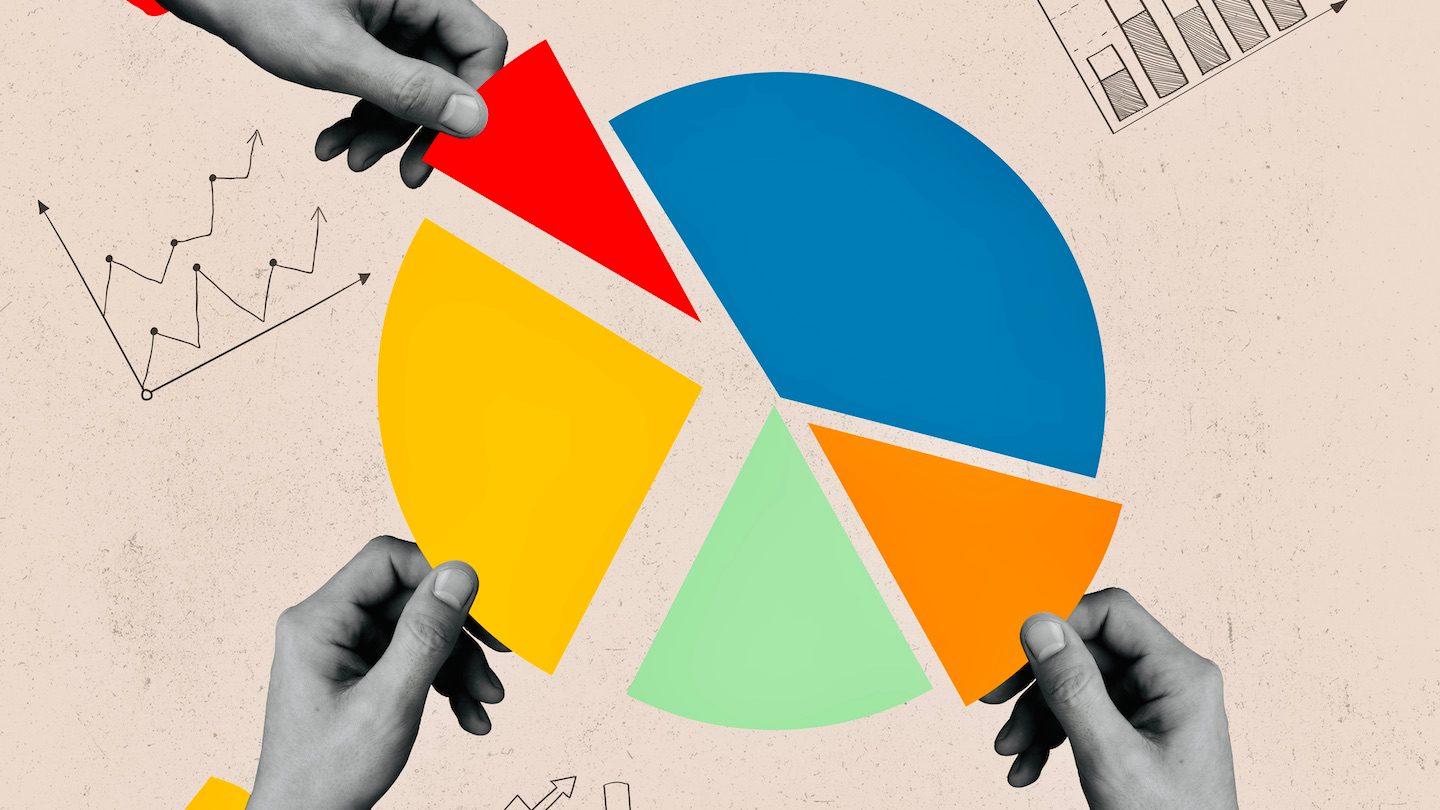 Collage of hands pulling part slides of a colourful pie chart.