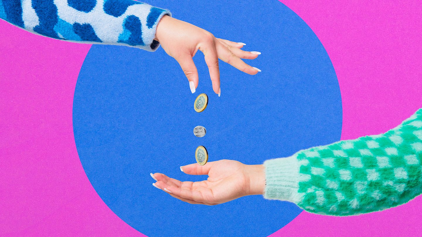 Vapour wave collage. One hand drops coins into another. Pink and blue background.