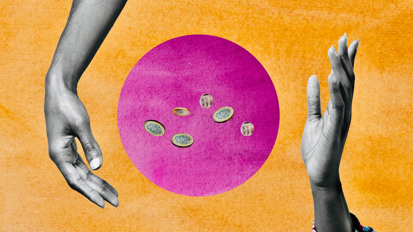 Hands exchange coins. Collage.