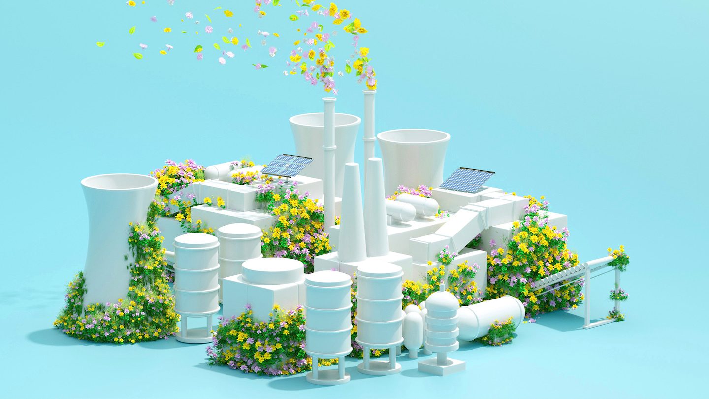 A model power plant spews flowers and leaves.