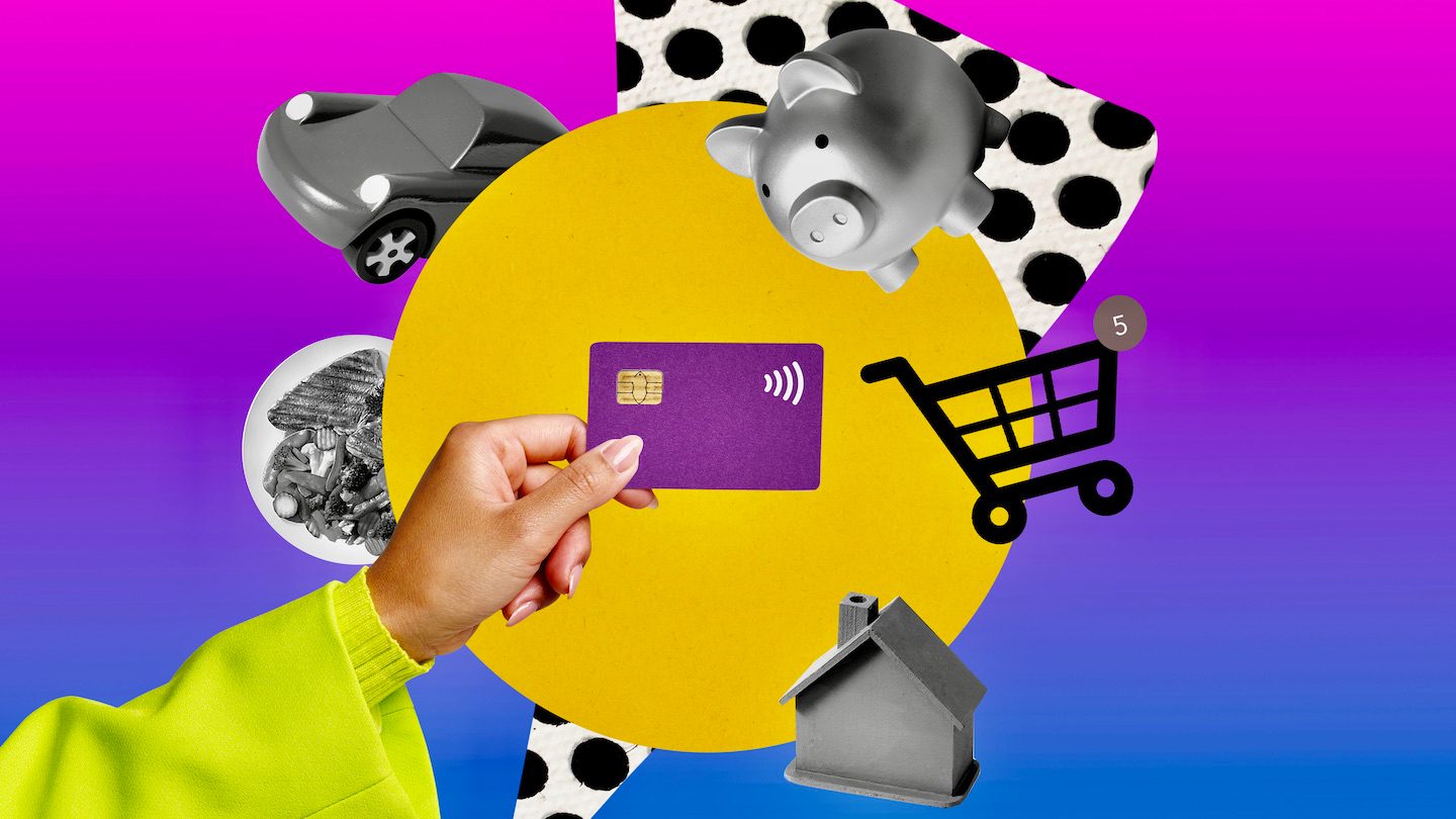 A hand hold a credit card. Collage of different expenses behind her.