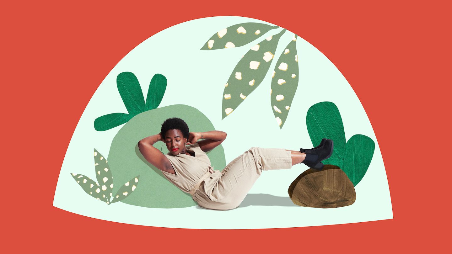 Collage of a woman relaxing among cartoon Australian native florals.