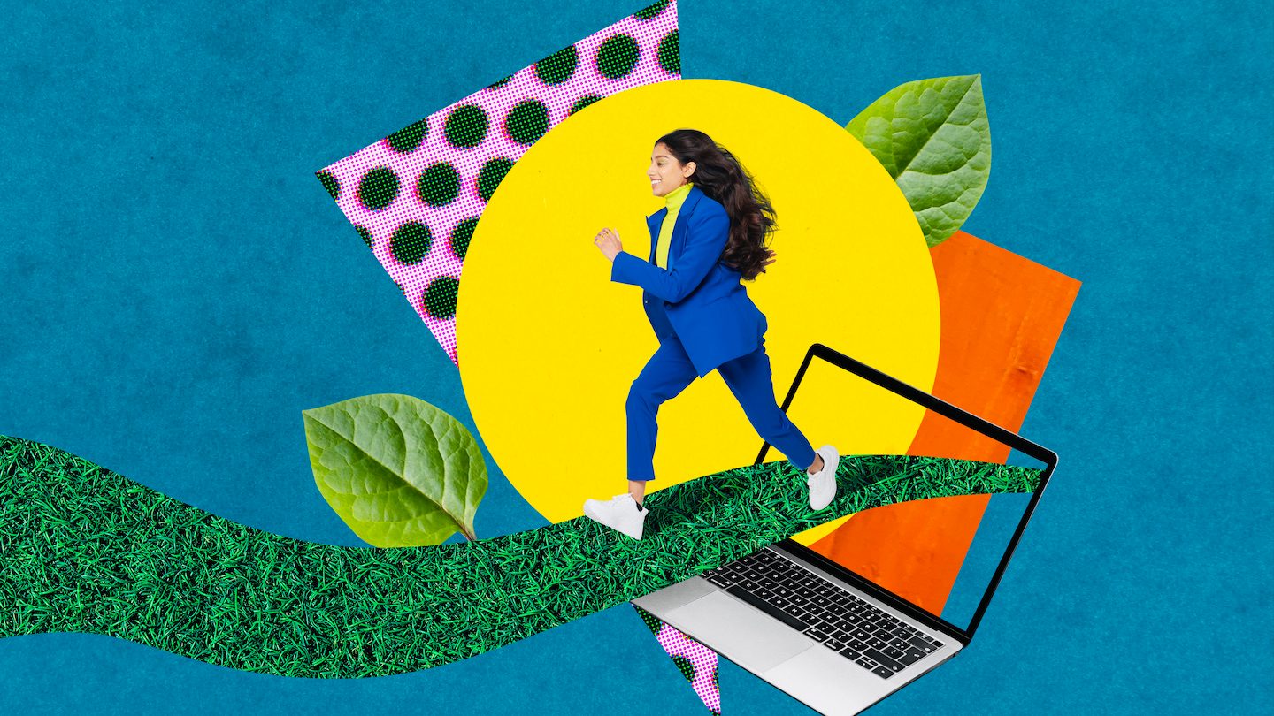 A girl runs along a green path flowing from a computer, colllage.
