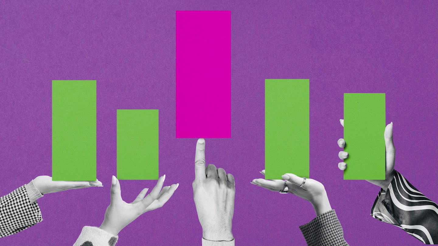 Collage of hands on a purple background holding or pushing up coloured bars.