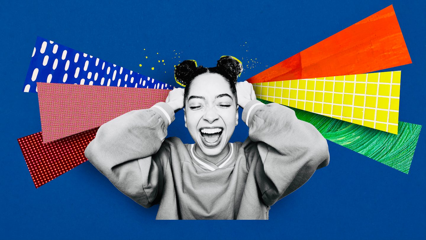 A woman screams while holding her head, coloured bars shooting out. Blue background. Collage.