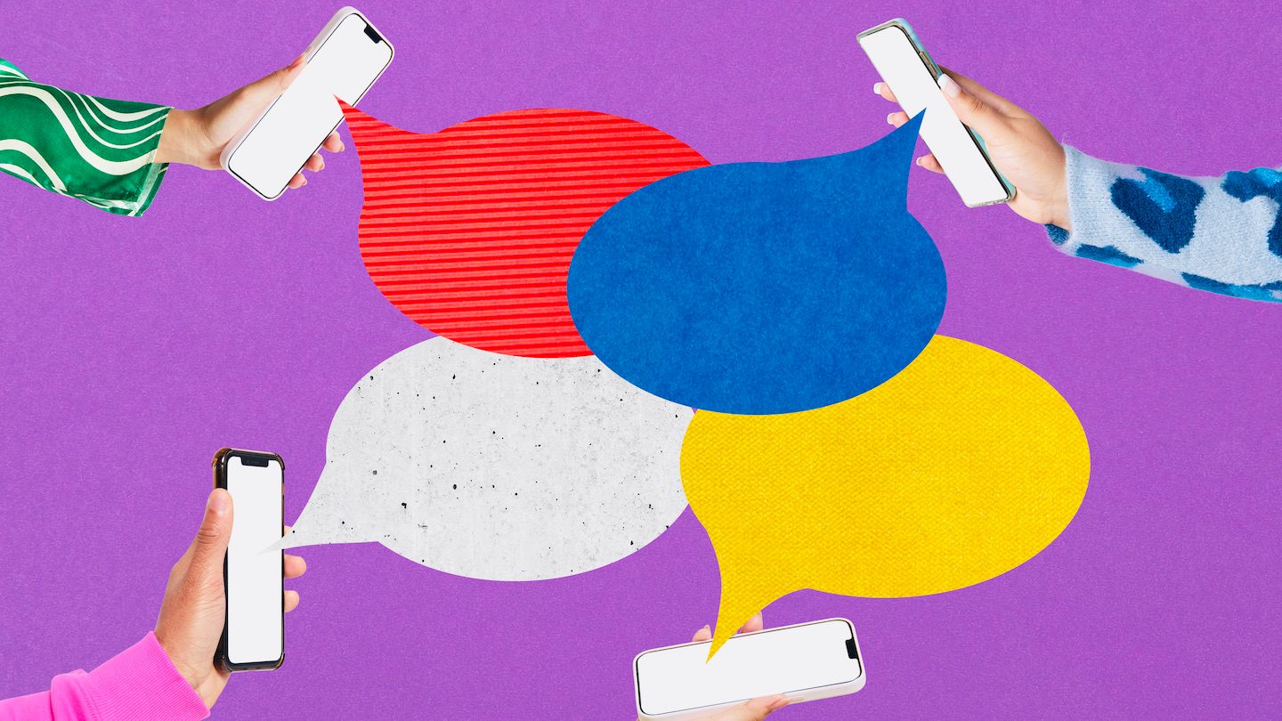 Collage of hands holding up phones with speech bubbles.