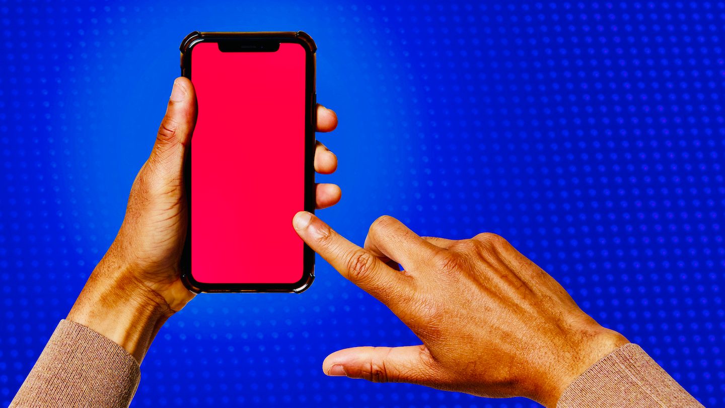 Collage of a hand tapping on a pink phone.