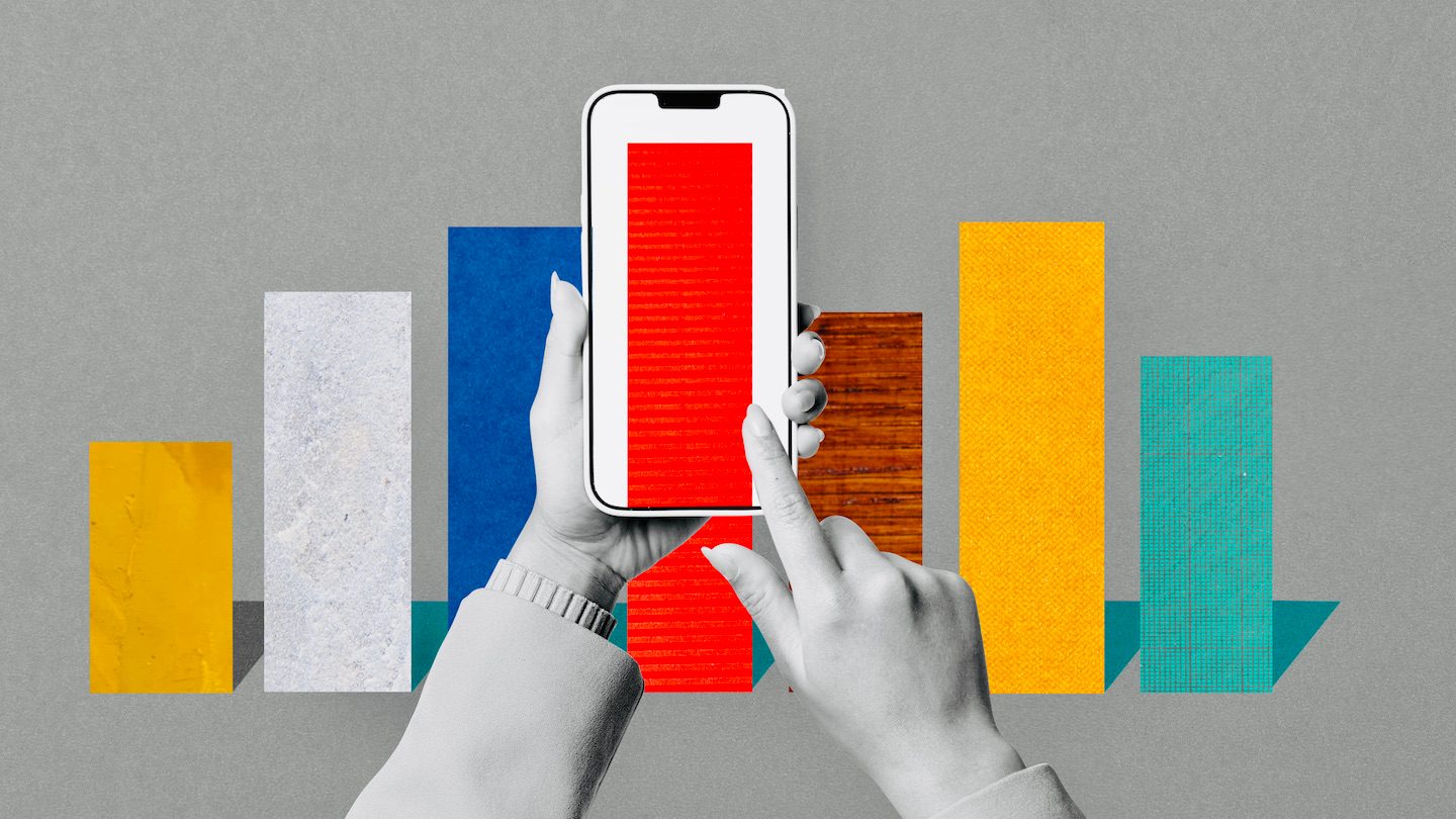 Collage of a hand scrolling coloured bars on their smartphone.