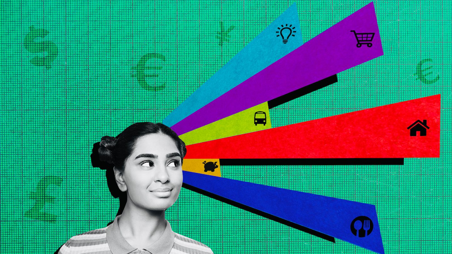 Collage of a woman thinking about different items in her insurance budget.
