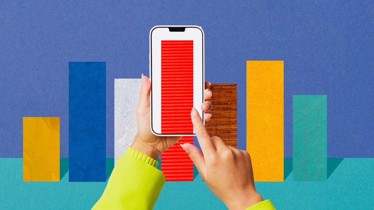 Collage of hands comparing different coloured bars on her smartphone.