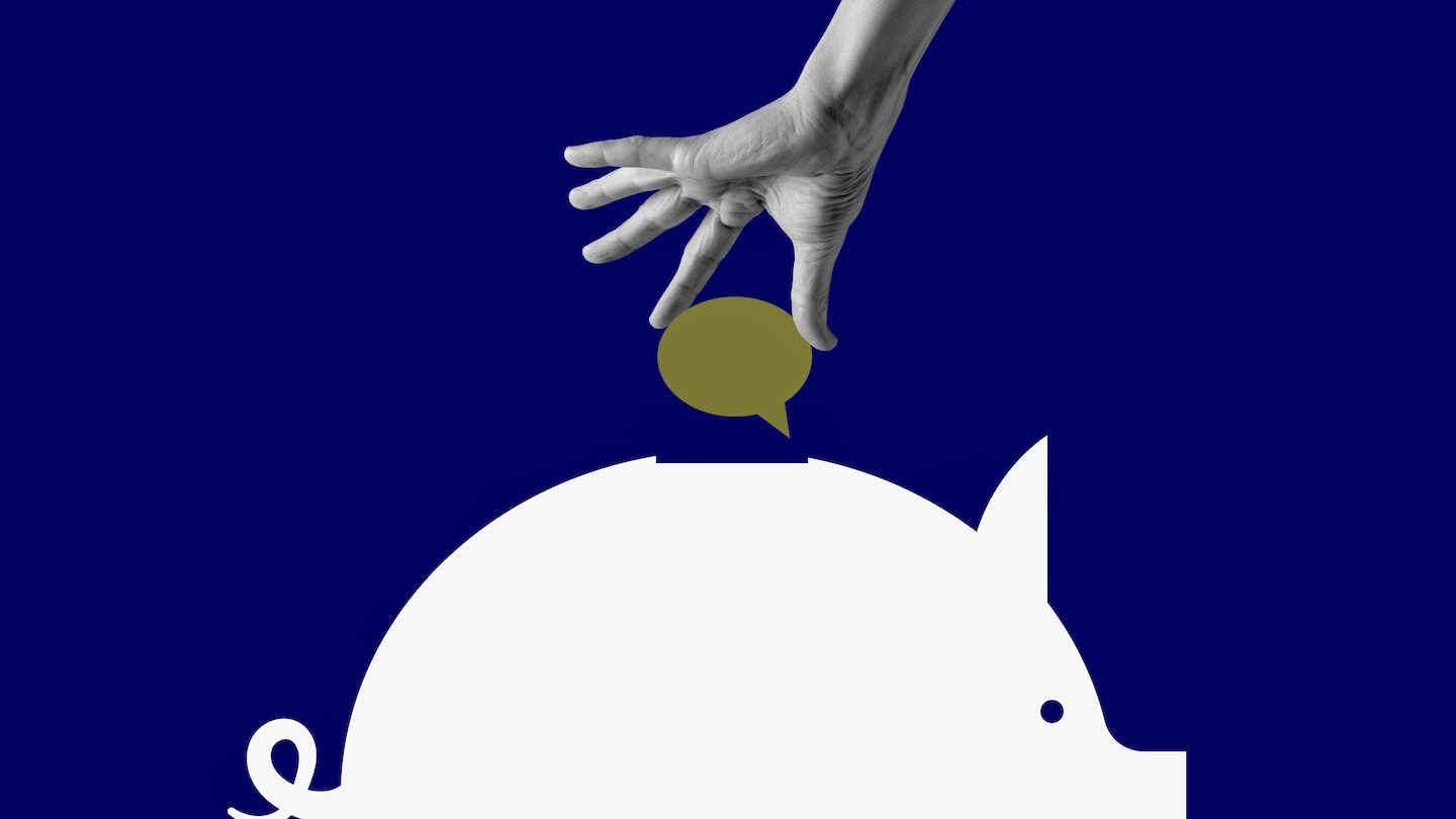 Collage of a hand dropping a question into a piggy bank.