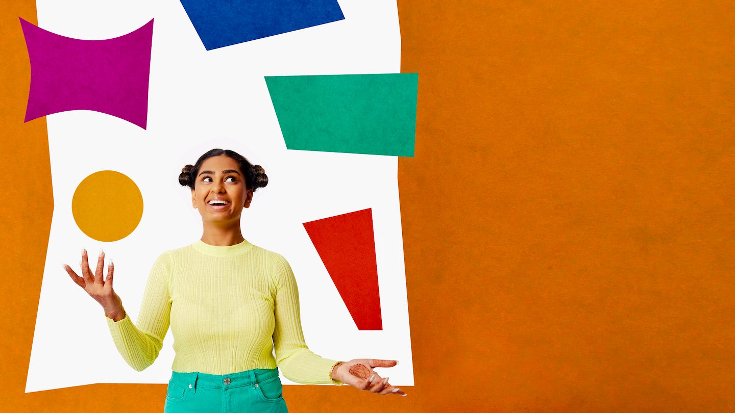 Collage of a woman juggling different coloured squares.