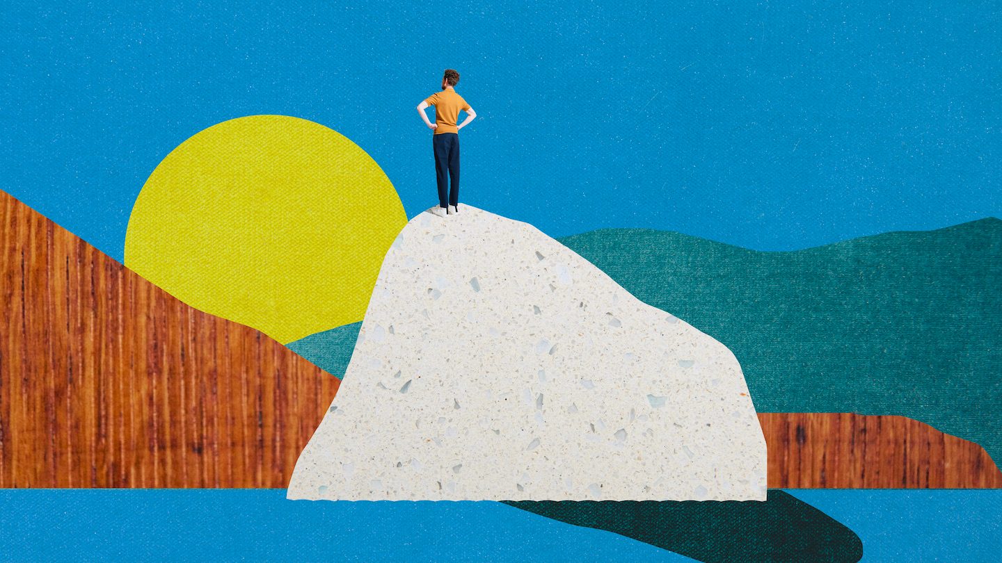 Collage of a man atop a hill looking on a valley sunset.