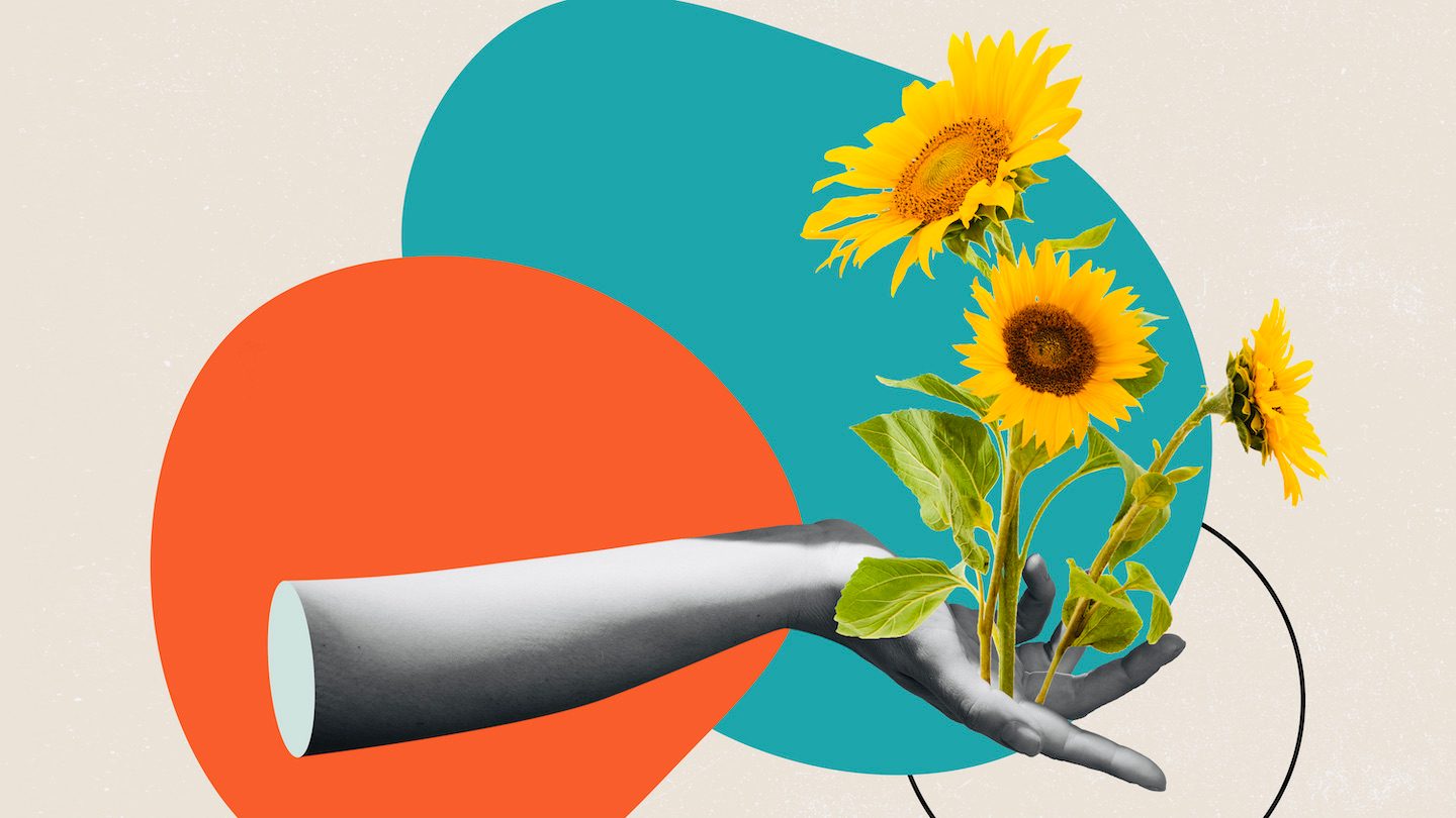 Collage of a hand growing sunflowers.