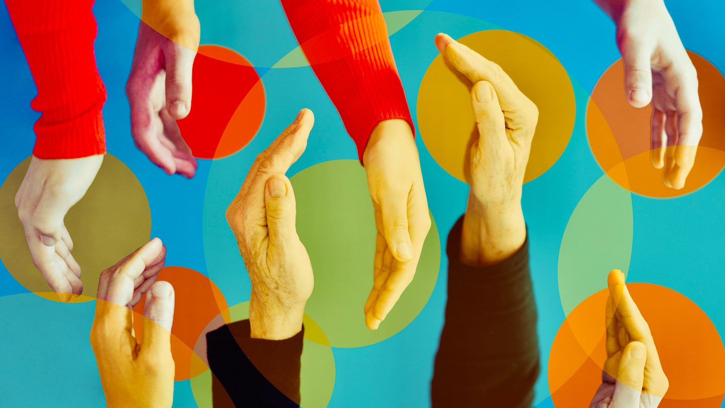 Collage of a boomer hands overlaid with bright colours.