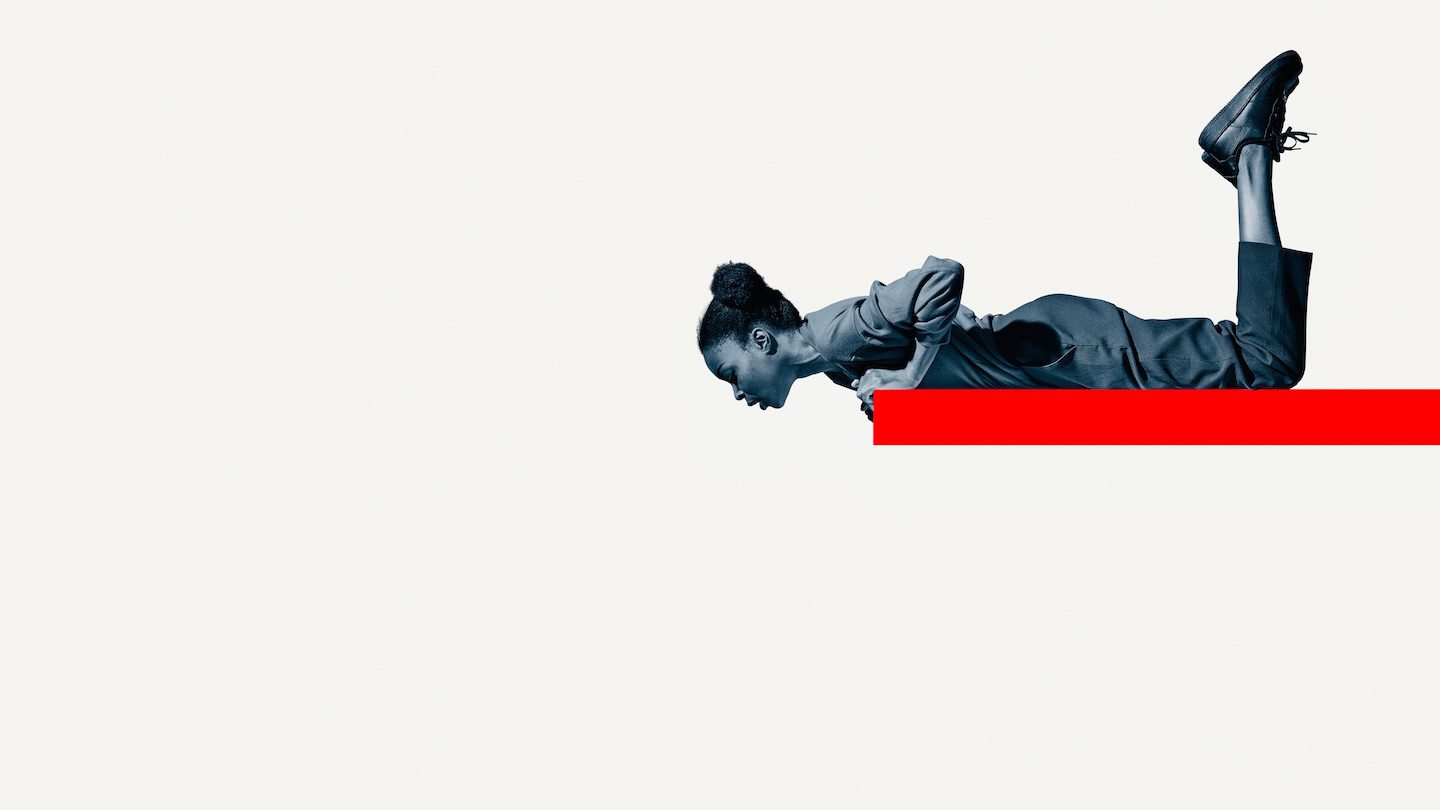 Collage of a young woman peering down over the edge of a red bar.