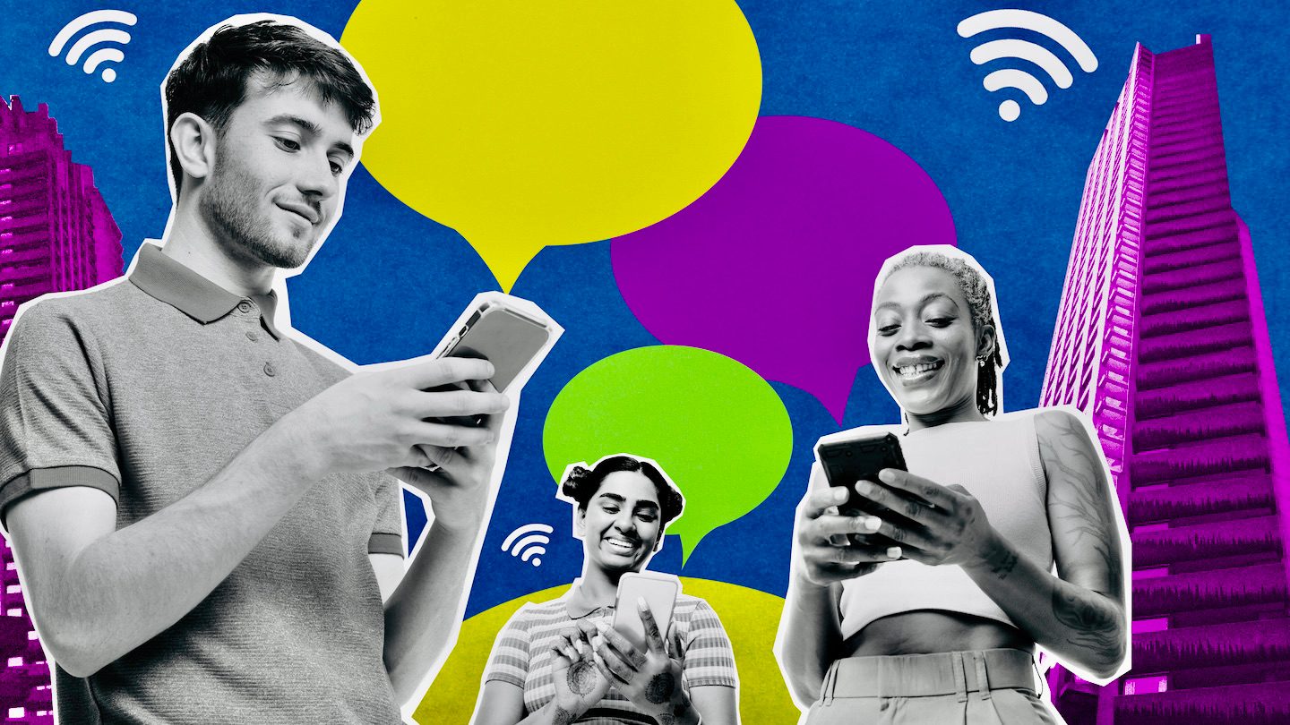 Collage of people looking at their new smartphones.