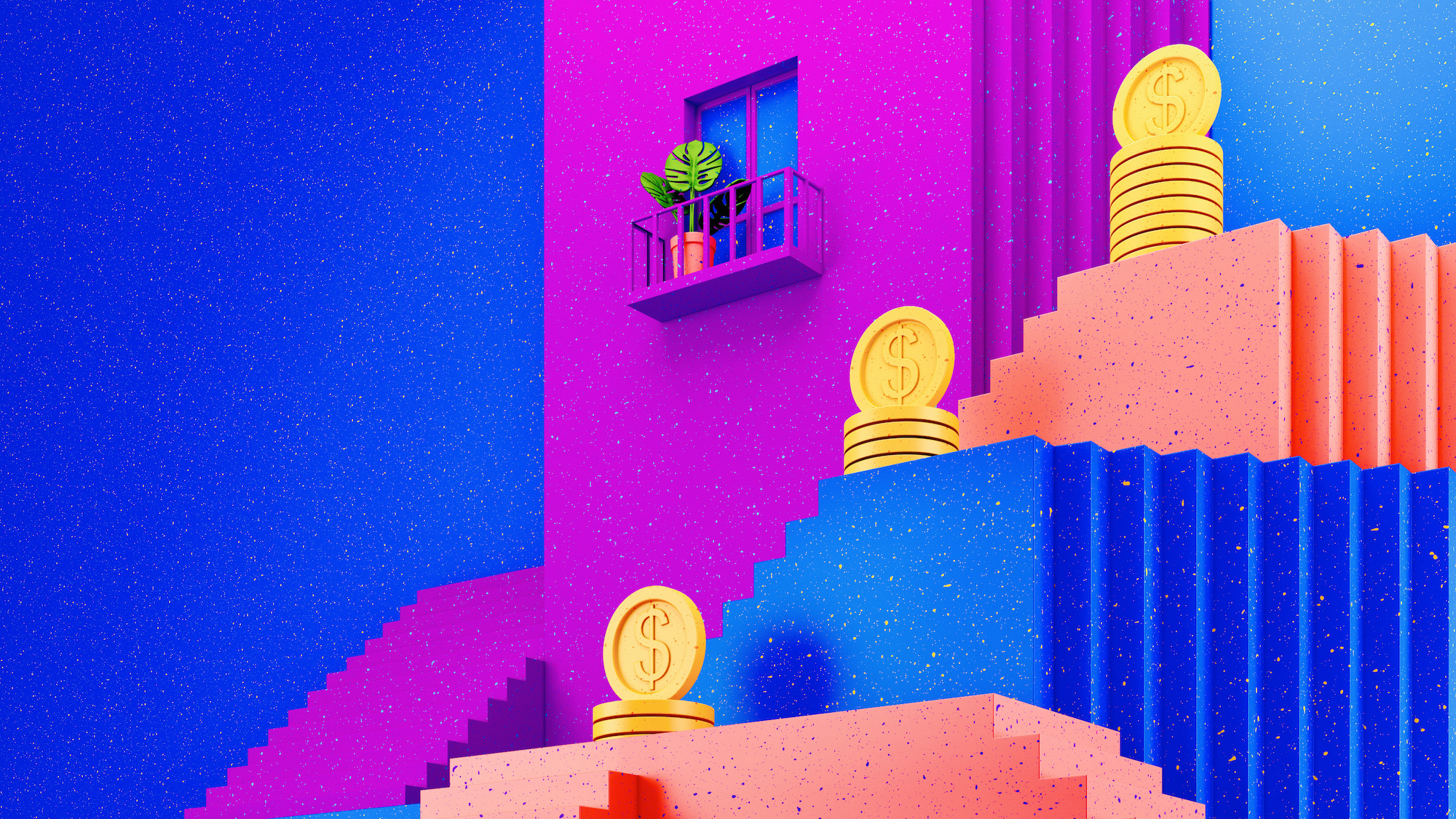 Three steps with money leading up to a house.