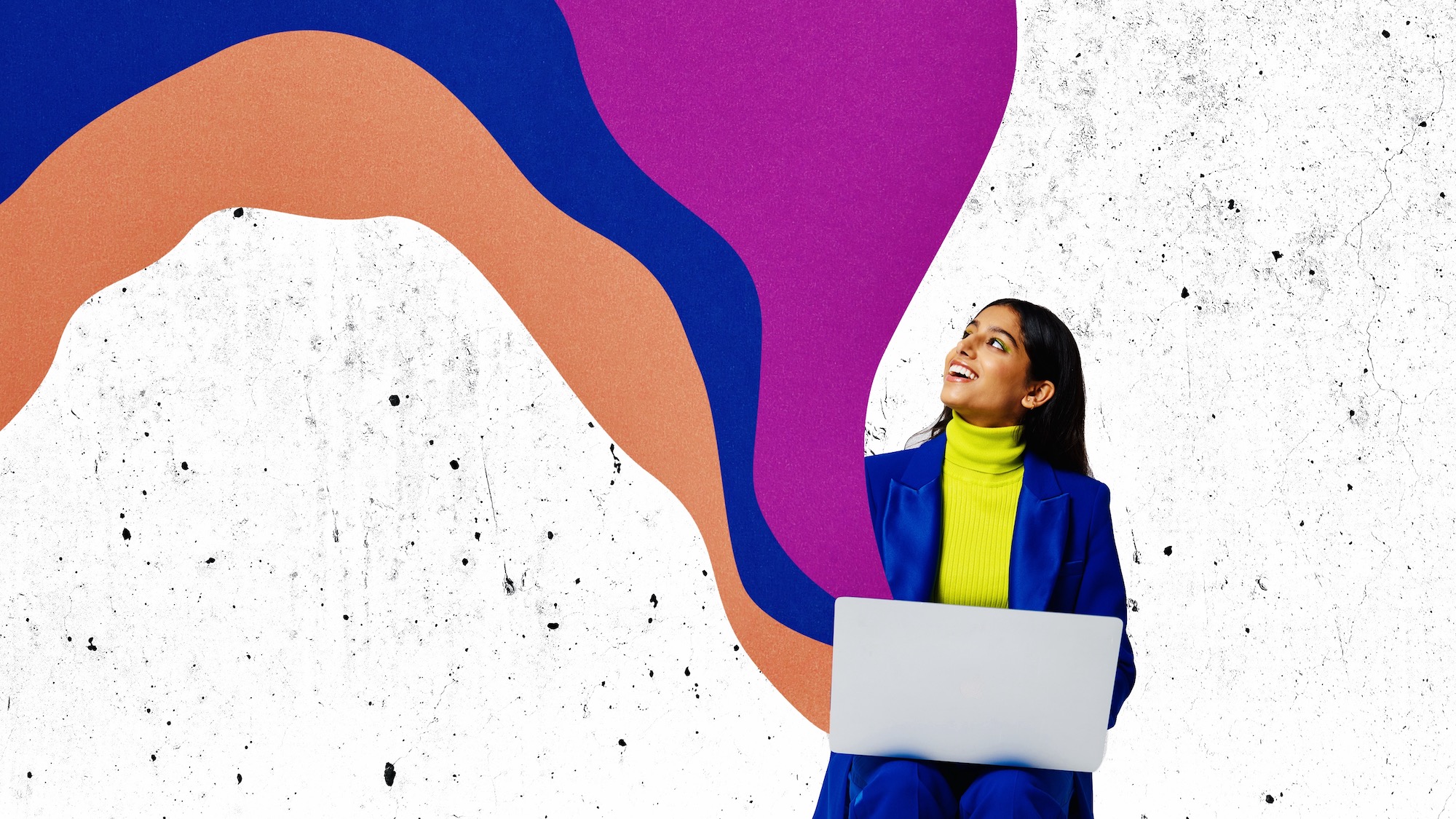 Collage of a young woman looking at home loan news on a live blog on her laptop.