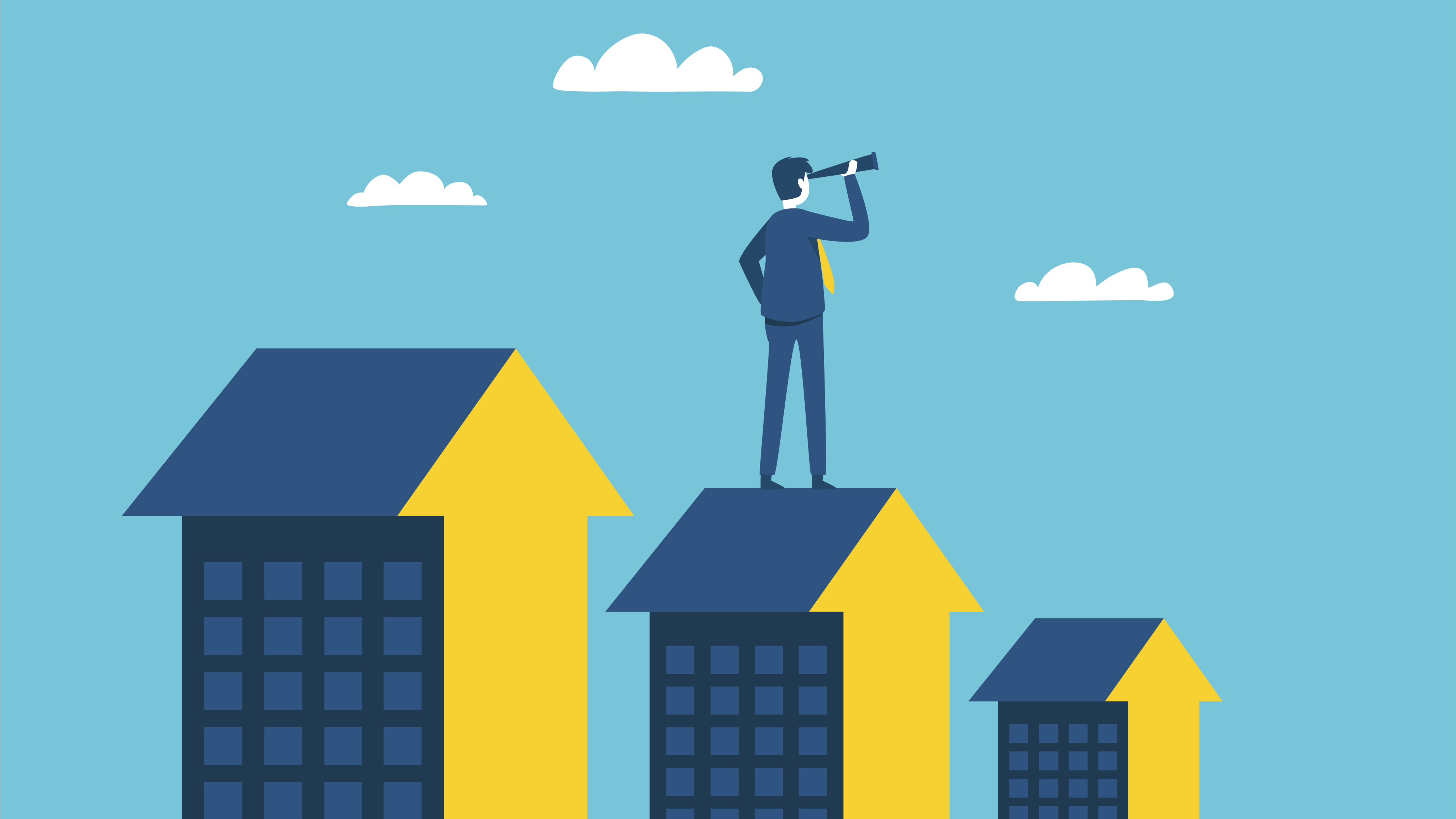 Man standing atop a building holding a telescope