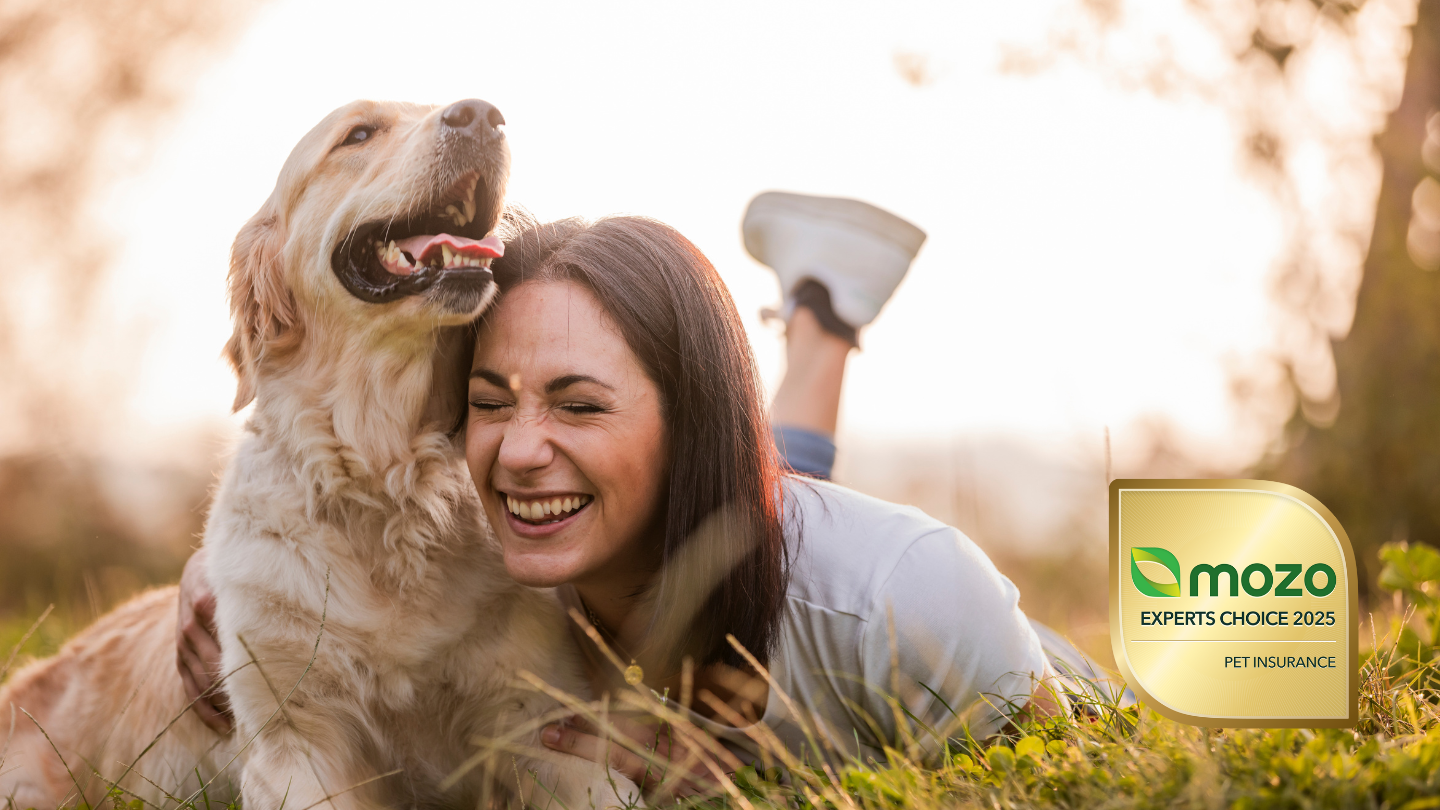 Woman playing with her dog next to Mozo Experts Choice Award badge for Pet Insurance