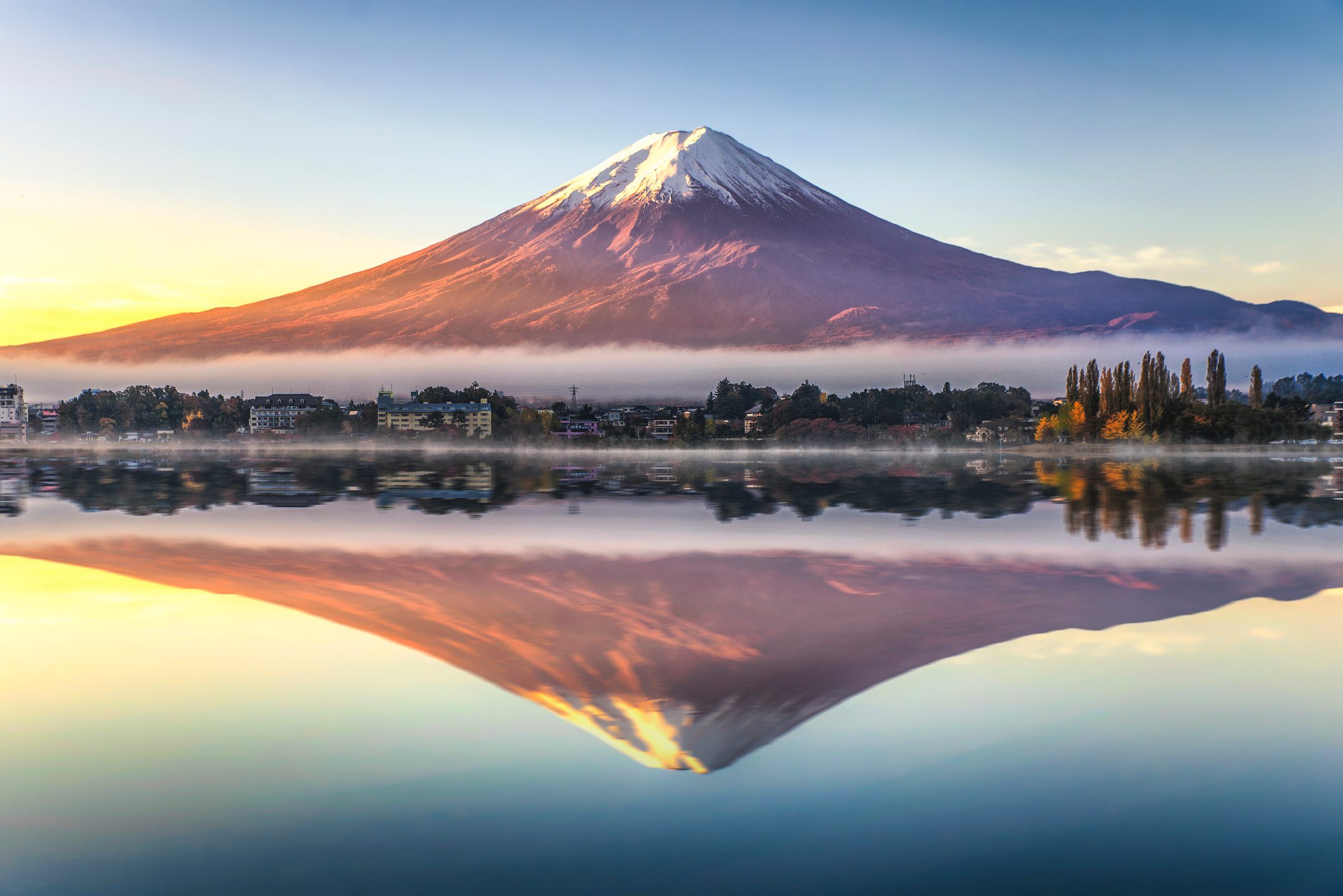 Mount Fuji reflected in Lake Kawaguchi, Fujikawaguchiko, Yamanashi Prefecture, Japan