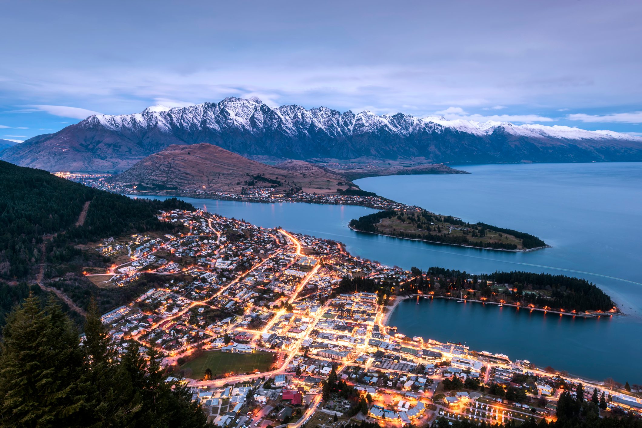 View from the Skyline Gondola just after sunset in Queenstown, New Zealand