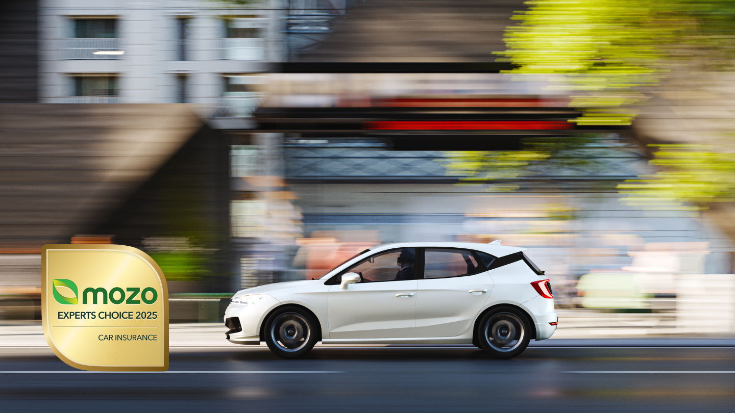Car driving next to a Mozo Experts Choice Award badge for car insurance