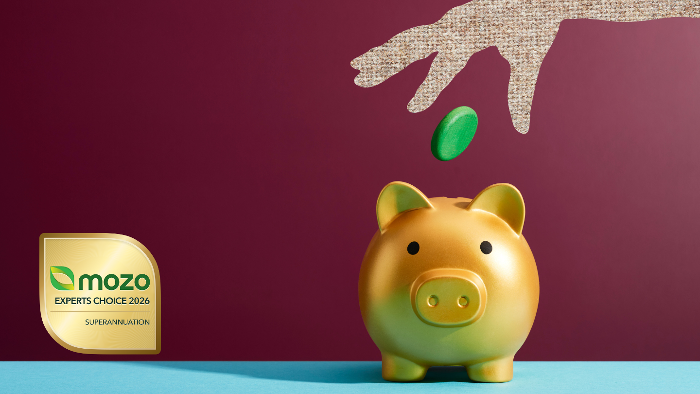 A coin being put in a piggy bank next to a Mozo Experts Choice Awards badge for Superannuation