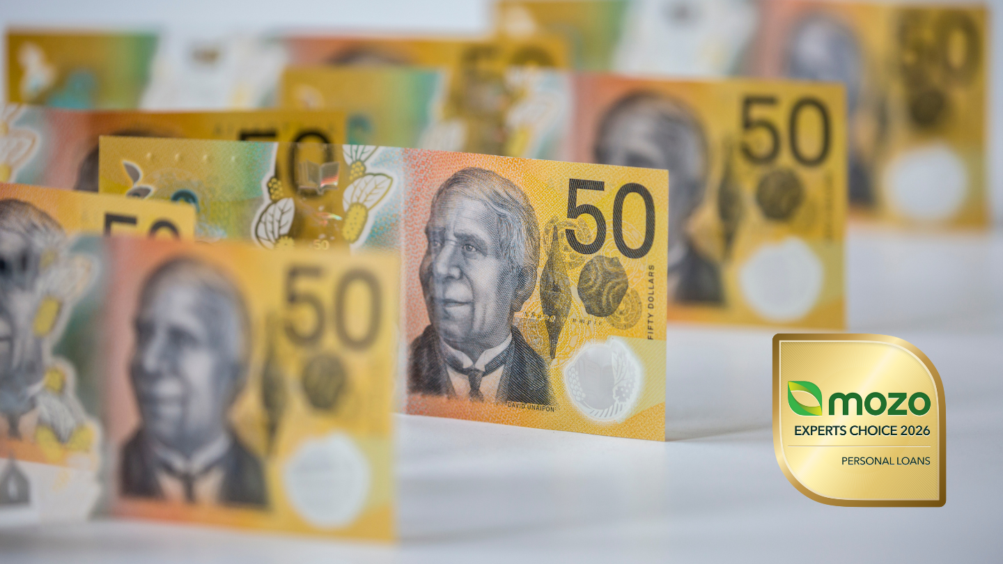 Australian money next to 2026 Mozo Experts Choice Award for personal loans