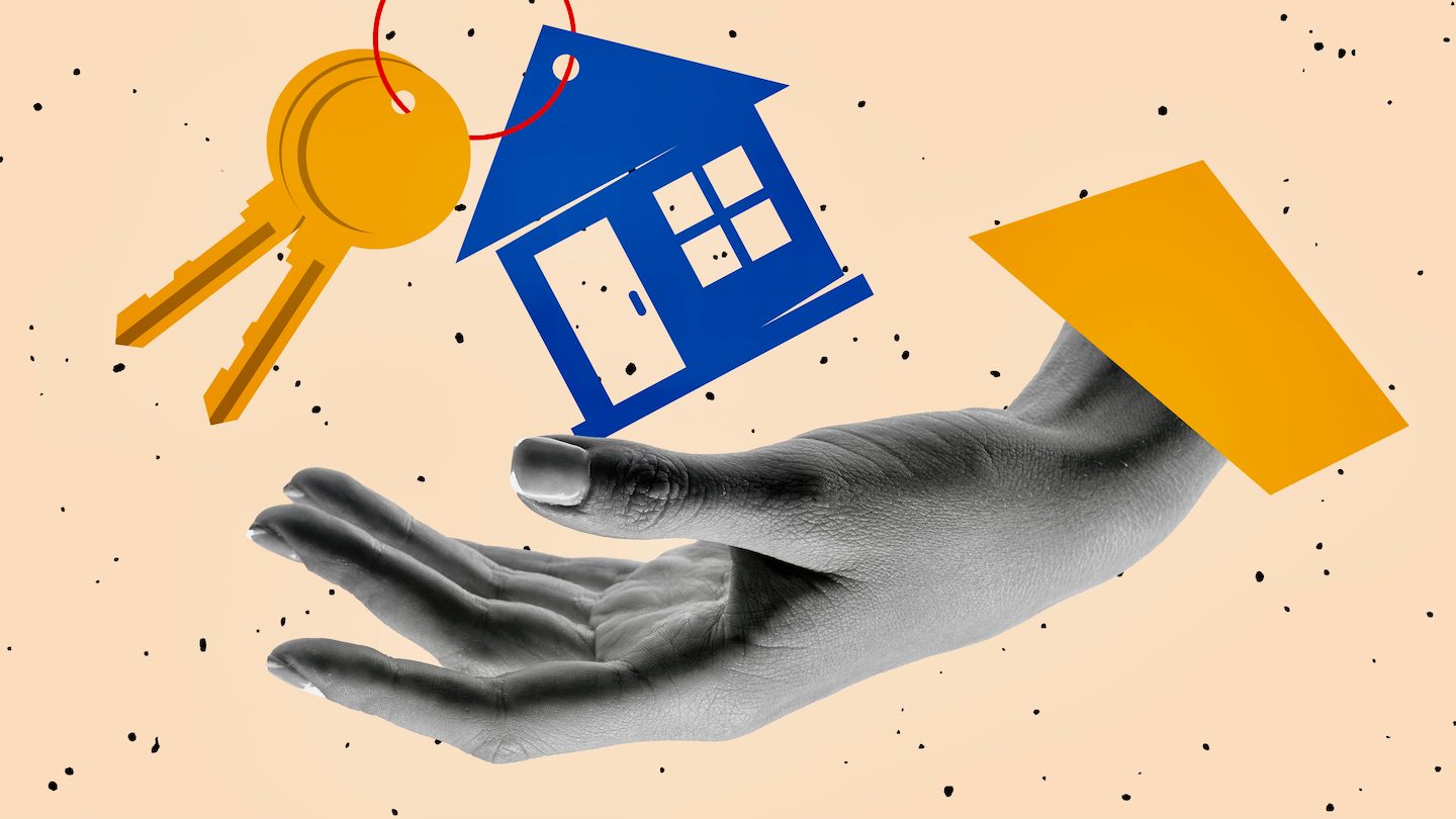 Collage of a hand accept house keys.