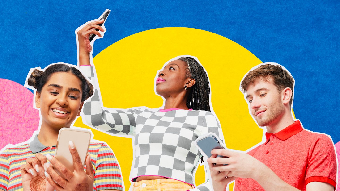 Collage of Australians using budget apps on their smartphones.